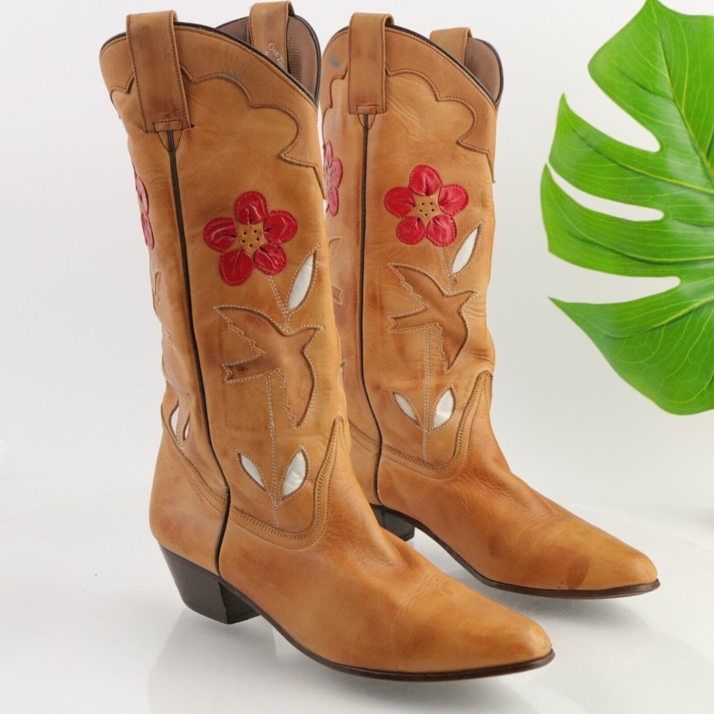 Tan Leather Heeled Boots with Red Floral Design